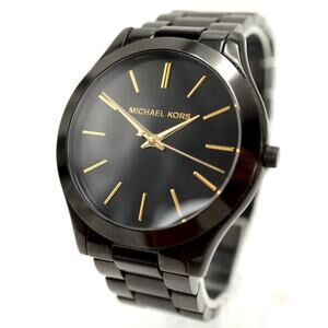 Michael Kors Slim Runway Mens Watch 42mm Black Gold Steel Bracelet w New Battery